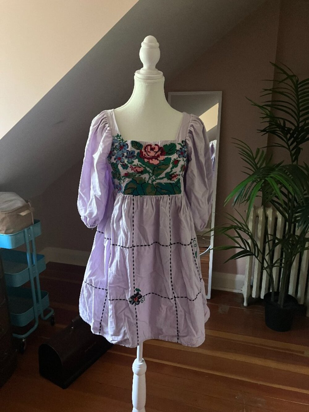 Puffy sleeve babydoll mini dress square neck embroidered Urban Outfitters